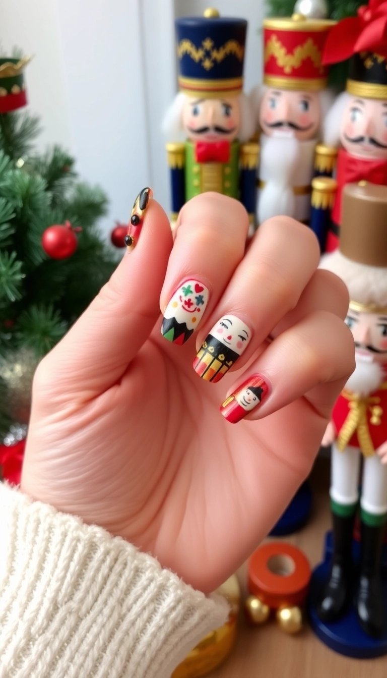 25 Stunning Christmas Dip Nail Ideas That'll Make You the Star of Every Holiday Party! - 20. Joyful Nutcracker Theme