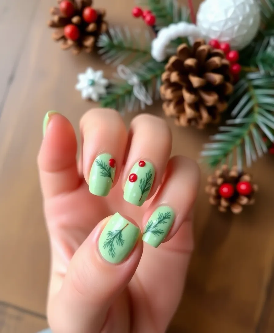 10 Easy Holiday Nails Short That Are Trending This Season (Get Inspired!) - 16. Pine Branch Motif