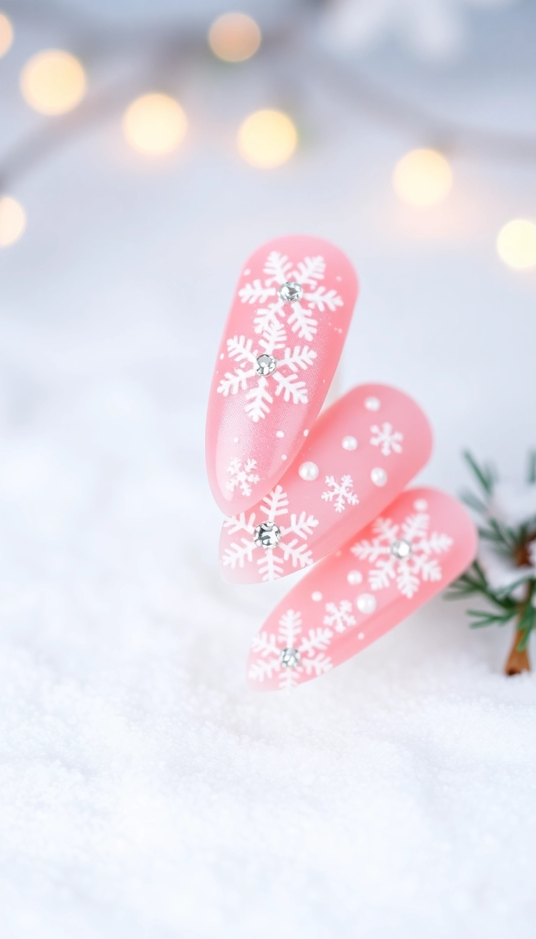 15 Festive Pink Christmas Nails You Need to Try This Holiday Season! - 11. Glimmering Pink Snowflakes