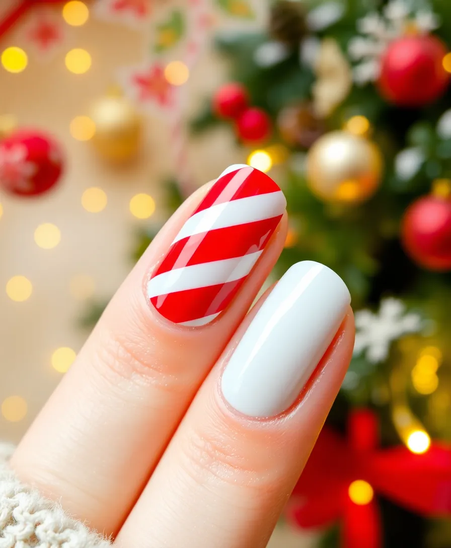 14 Elegant White Holiday Nails That Will Elevate Your Holiday Style Instantly! - 10. White Nails with Festive Stripes