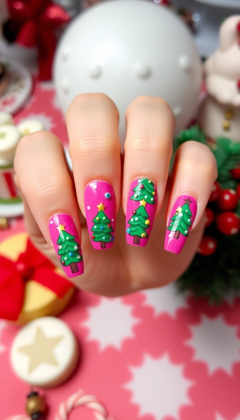 15 Festive Pink Christmas Nails You Need to Try This Holiday Season! - 13. Playful Christmas Tree Designs