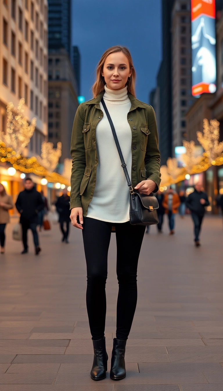 21 Casual Winter Leggings Outfits to Keep You Warm and Fabulous on Chill Days! - 13. Stylish Military Jacket Look