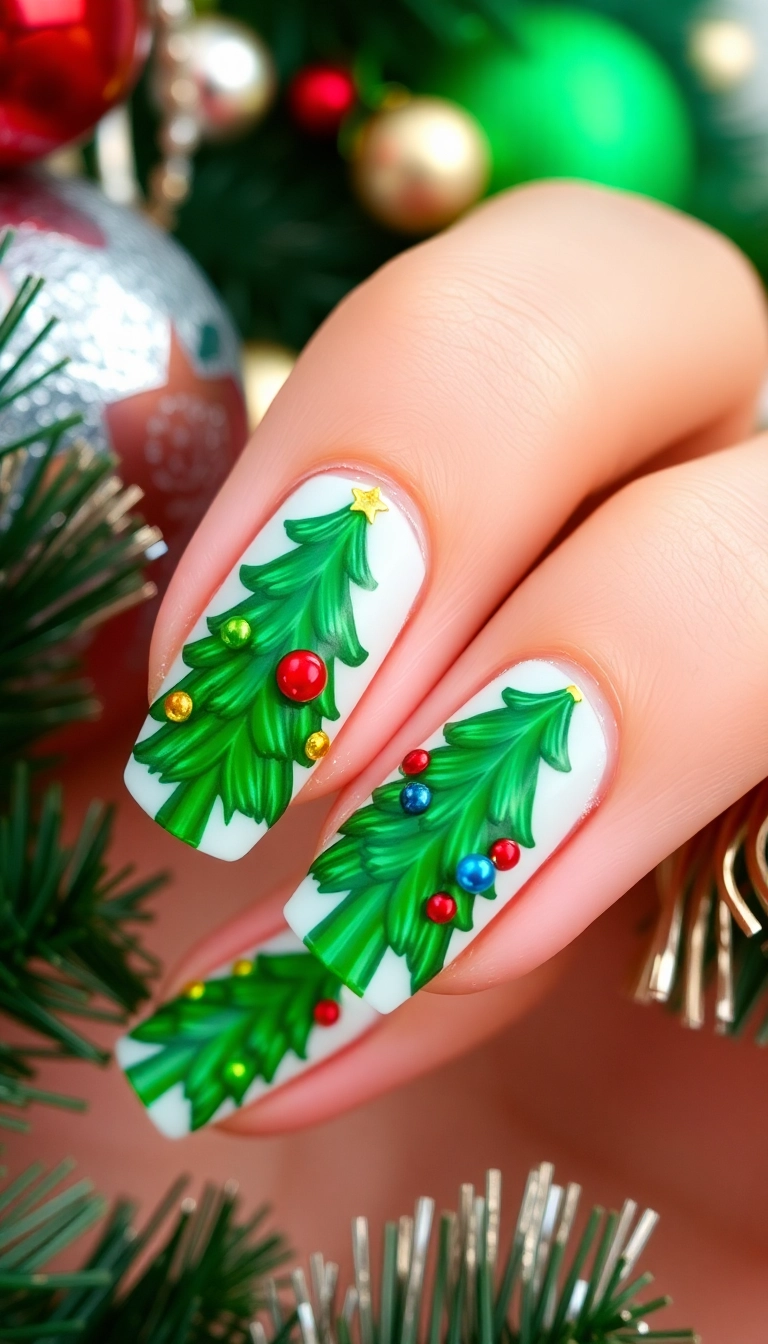 25 Stunning Christmas Dip Nail Ideas That'll Make You the Star of Every Holiday Party! - 8. Whimsical Christmas Trees