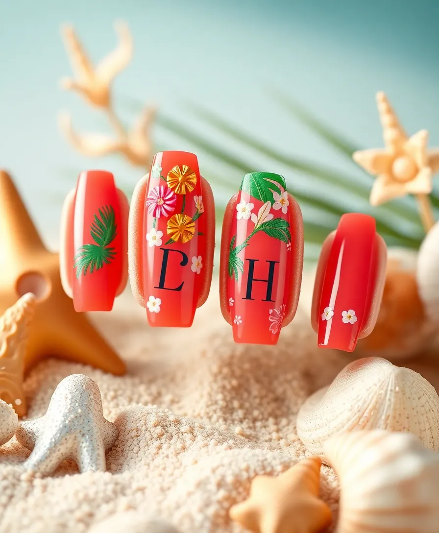 20 Trendy Valentine's Nails with Initials You Need to Try This Year! - 10. Bright Coral with Tropical Accents