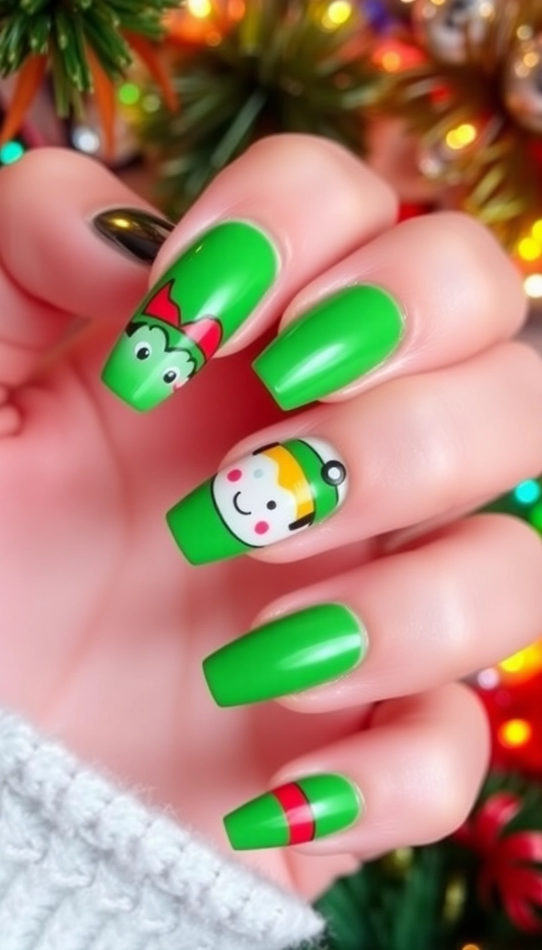 25 Stunning Christmas Dip Nail Ideas That'll Make You the Star of Every Holiday Party! - 17. Playful Elf Designs