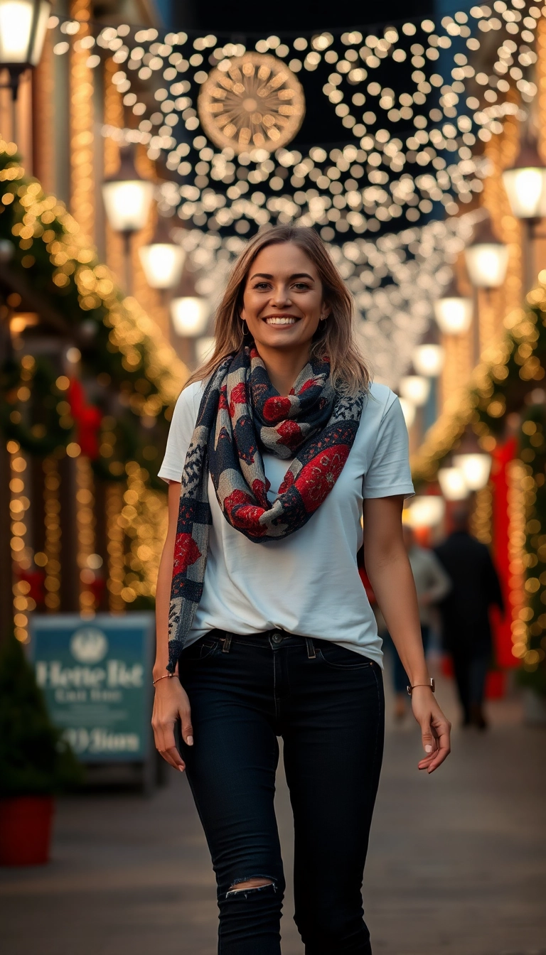 12 Casual Christmas Outfits That Are Both Comfortable and Adorably Stylish! - 9. Printed Scarf and Basic Tee