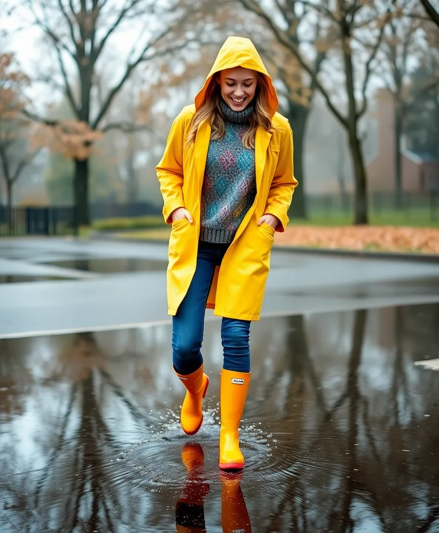 17 January Outfits for Women That'll Keep You Stylish and Cozy (You Won't Believe #9!) - 9. You Won't Believe This One! Brightly Colored Raincoat with Sweater and Jeans