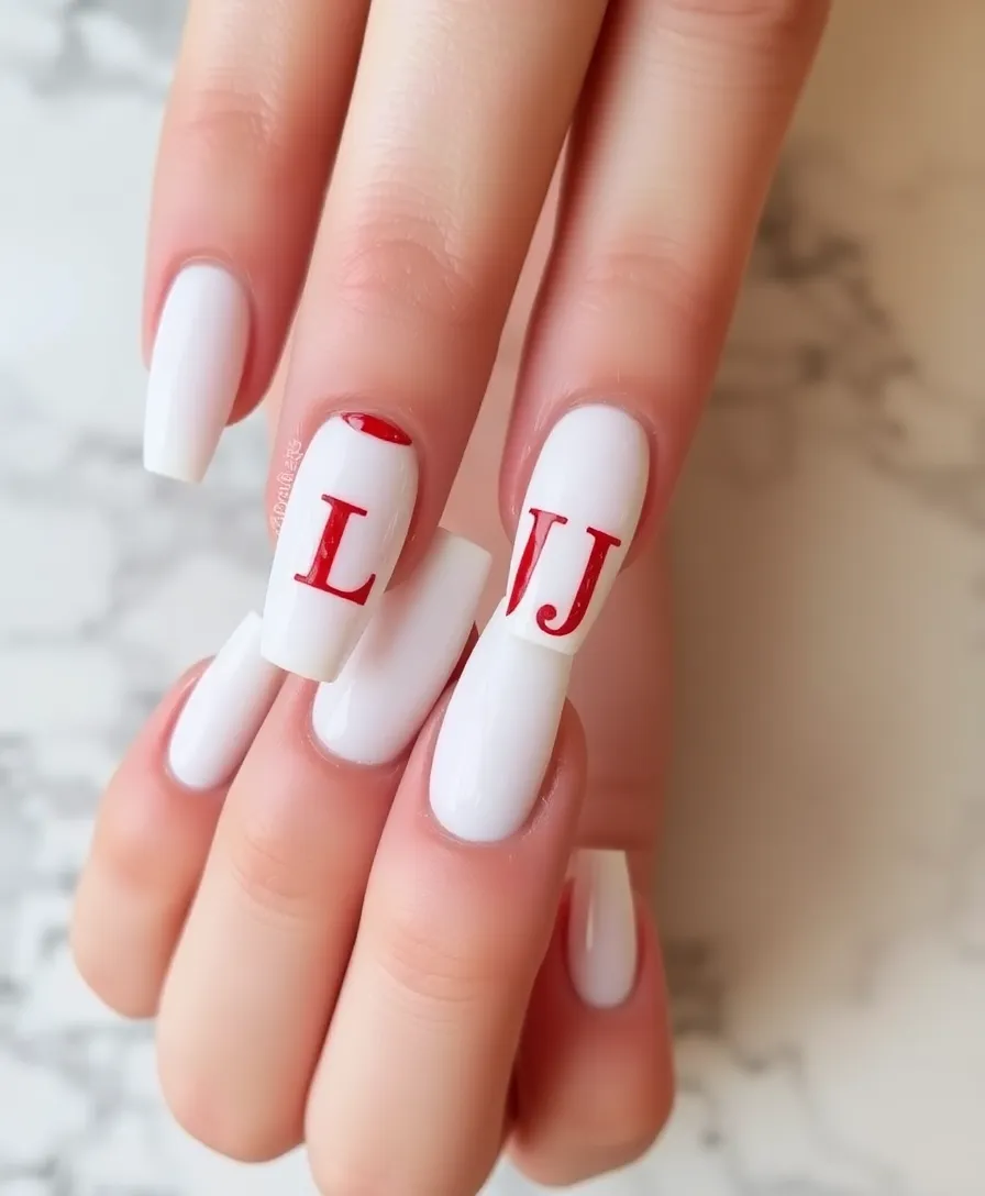 20 Trendy Valentine's Nails with Initials You Need to Try This Year! - 5. Classic White with Red Initials