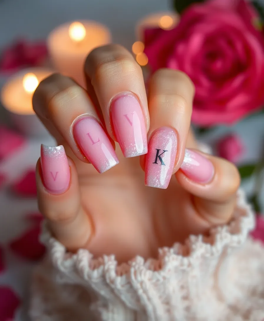 20 Trendy Valentine's Nails with Initials You Need to Try This Year! - 20. Sparkling Rose Pink with Initials