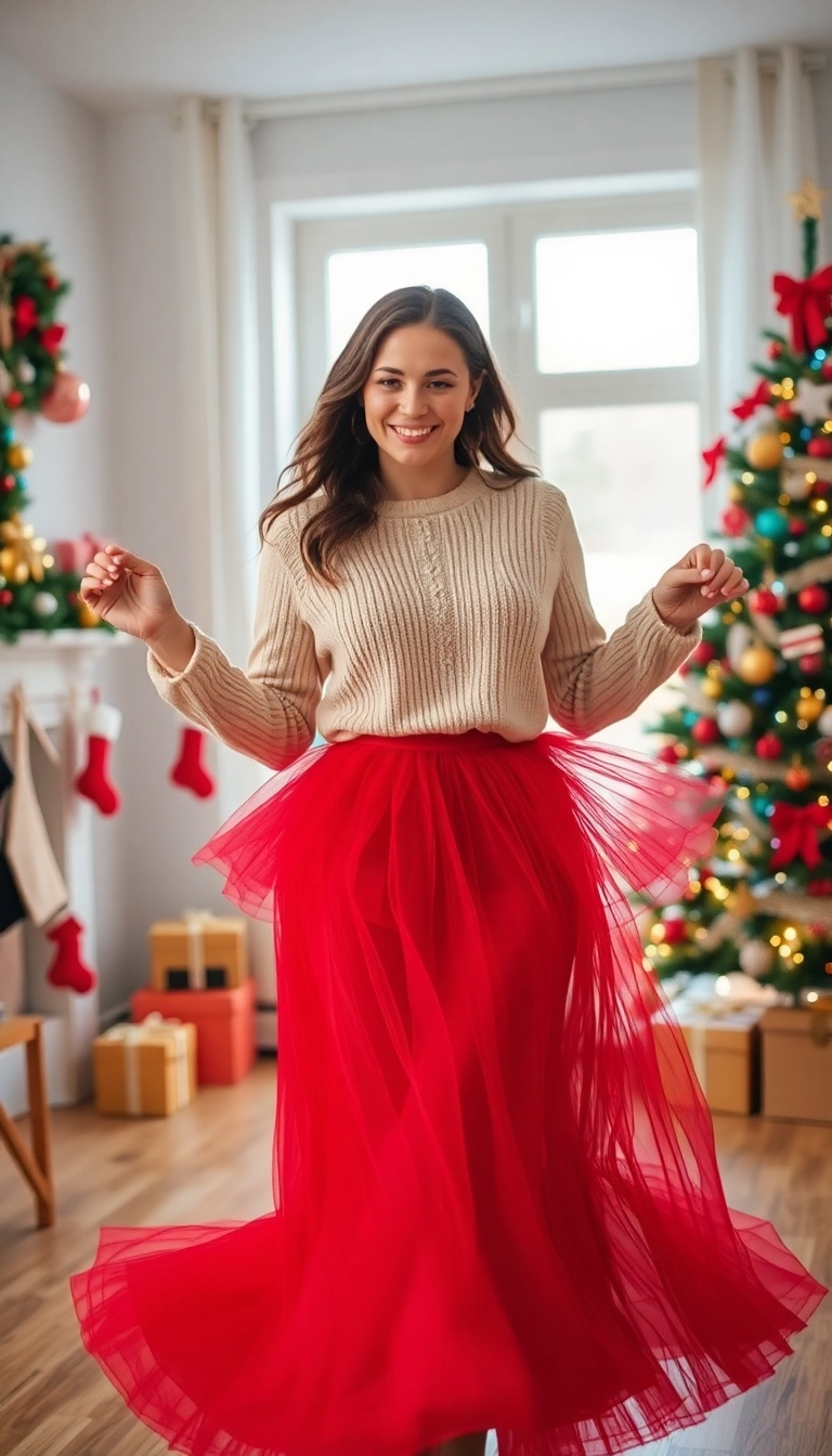 12 Casual Christmas Outfits That Are Both Comfortable and Adorably Stylish! - 11. Tulle Skirt and Cozy Sweater