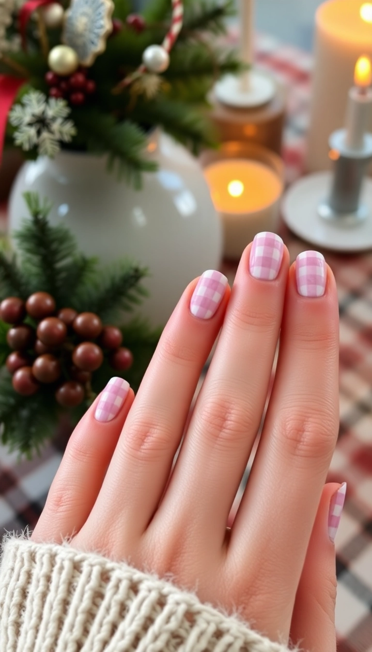 15 Festive Pink Christmas Nails You Need to Try This Holiday Season! - 12. Pink and White Tartan