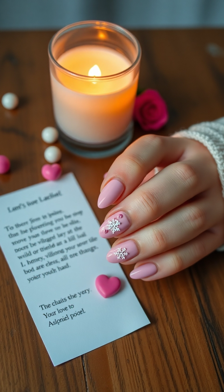 21 DIY Pink Winter Nails That Are So Easy, You'll Want to Try Them All (Don't Miss #8!) - 6. Heartfelt Snowflakes