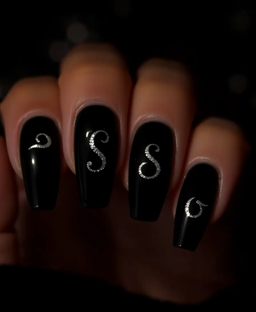 20 Trendy Valentine's Nails with Initials You Need to Try This Year! - 3. Bold Black with Silver Initials