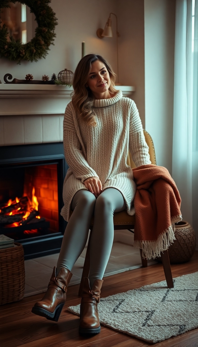 21 Casual Winter Leggings Outfits to Keep You Warm and Fabulous on Chill Days! - 17. Cozy Knit Dress with Leggings