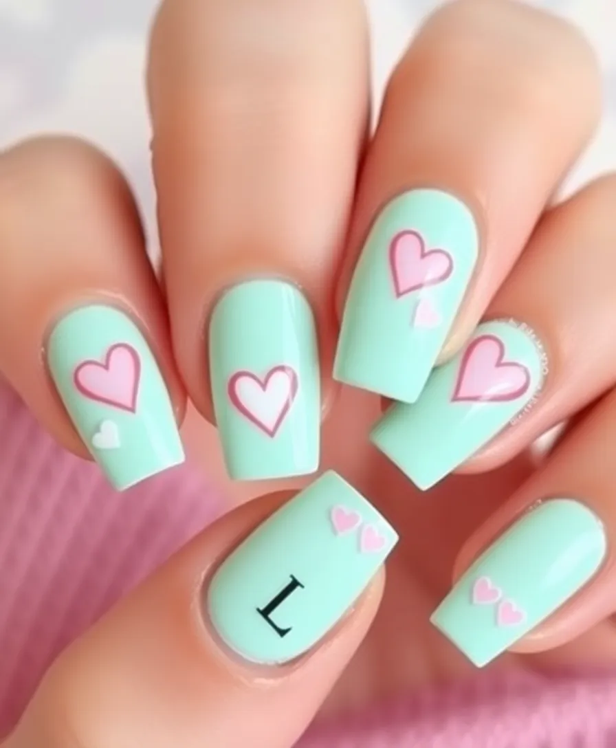 20 Trendy Valentine's Nails with Initials You Need to Try This Year! - 13. Soft Mint with Heart and Initials