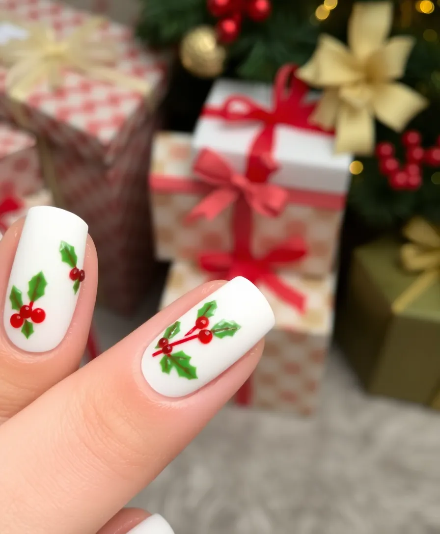 14 Elegant White Holiday Nails That Will Elevate Your Holiday Style Instantly! - 7. White Nails with Red and Green Details