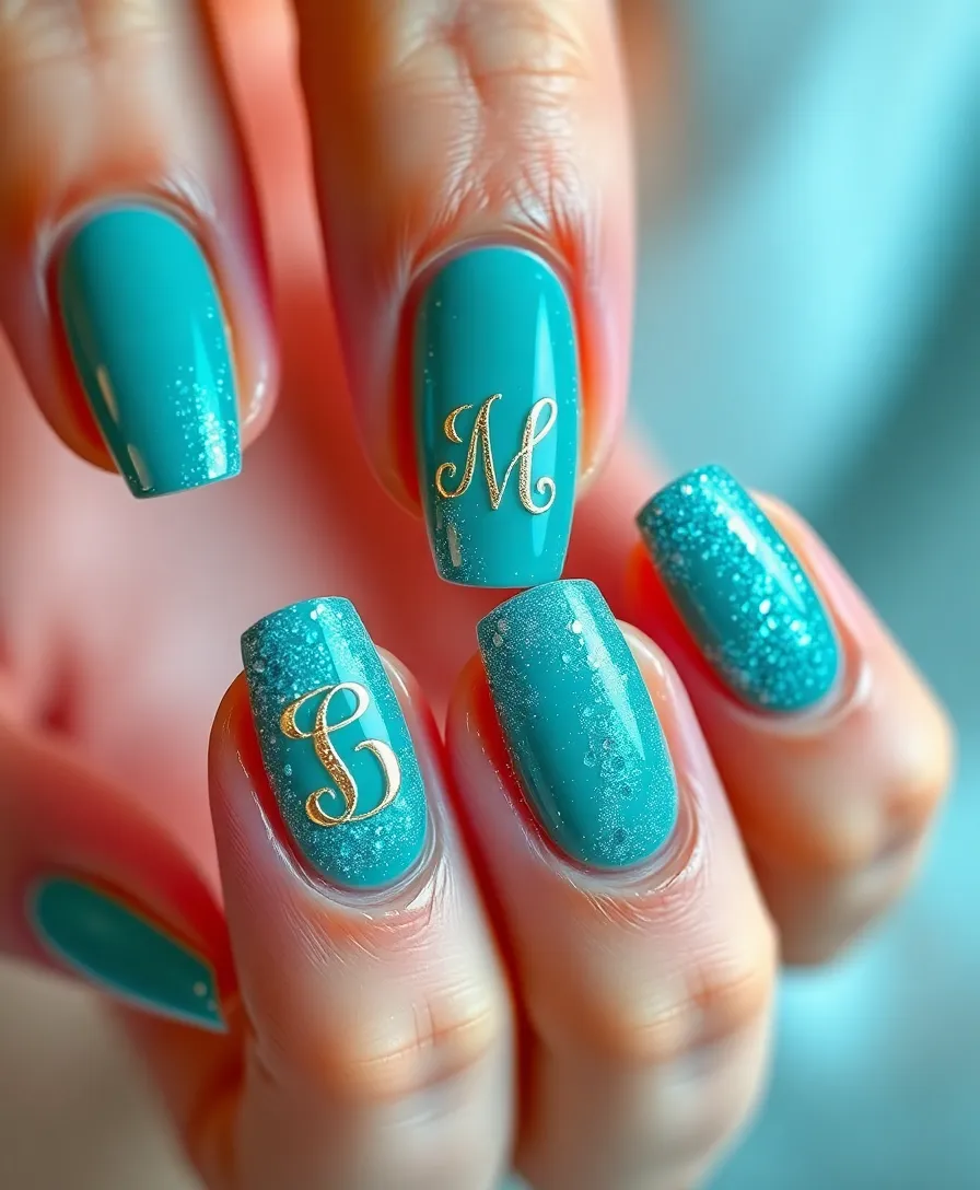 20 Trendy Valentine's Nails with Initials You Need to Try This Year! - 18. Shimmering Teal with Initials