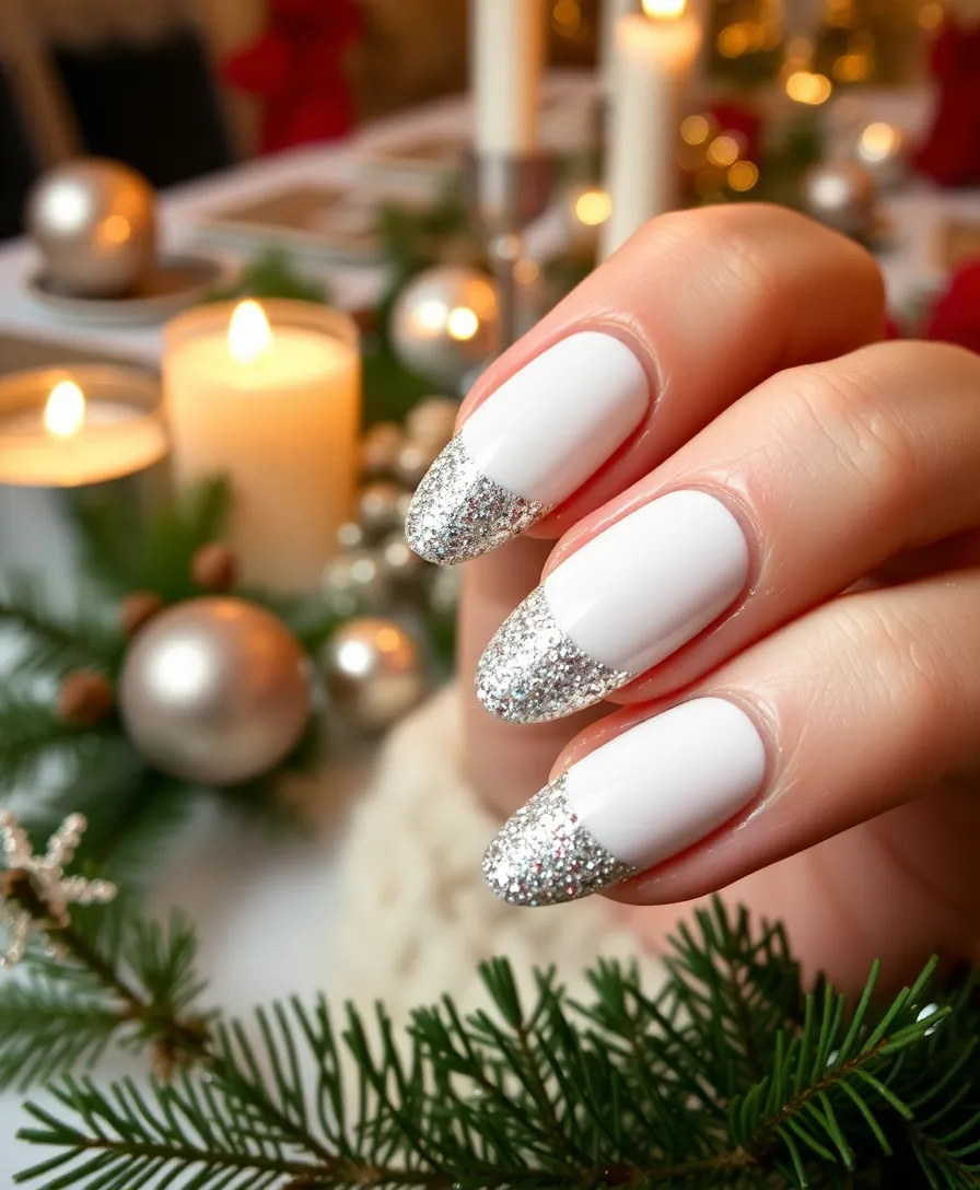 14 Elegant White Holiday Nails That Will Elevate Your Holiday Style Instantly! - 4. White Nails with Silver Glitter Tips