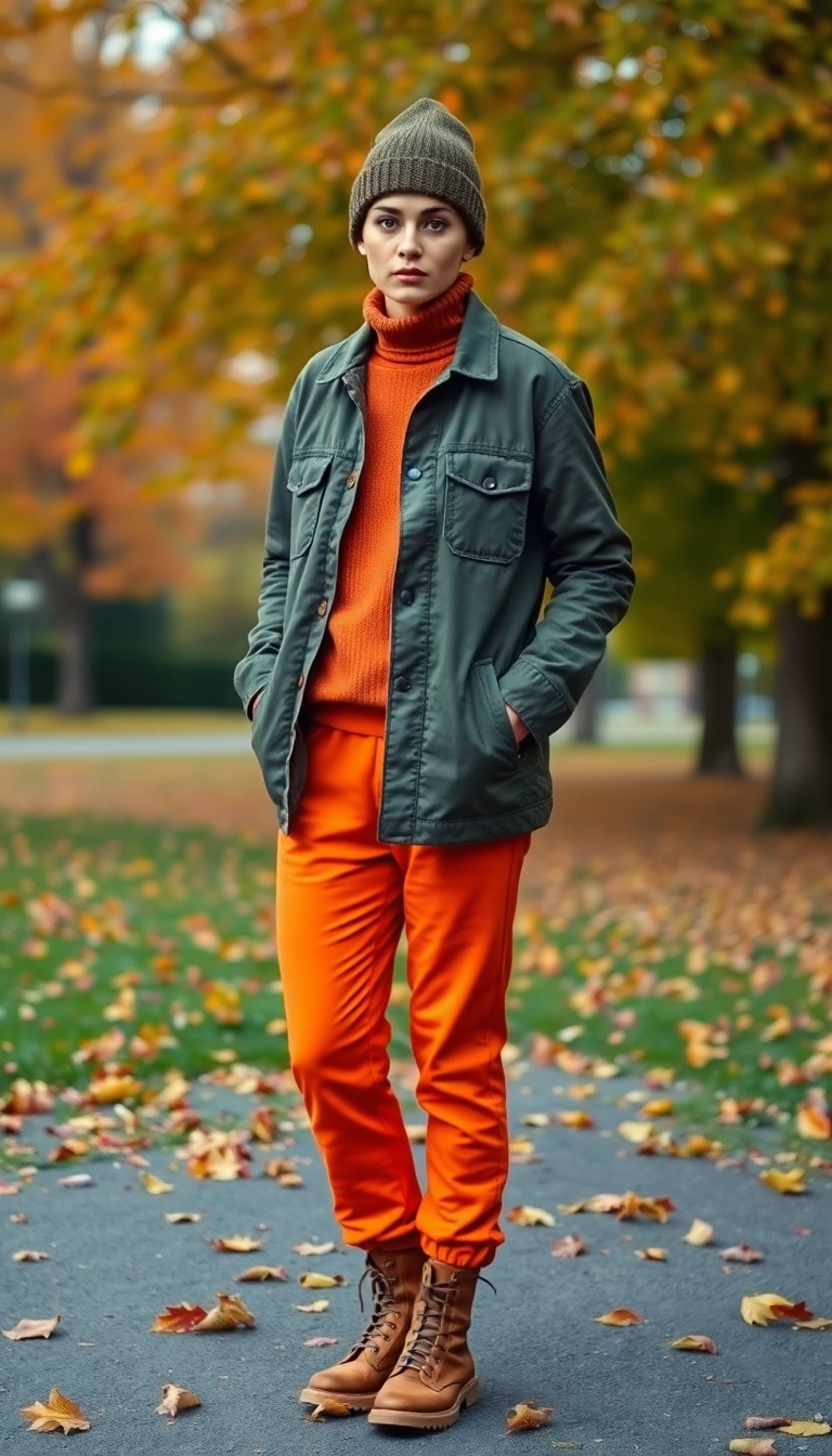 16 Bold Streetwear Color Combos That Will Make You Stand Out in a Crowd! (#3 Is a Jaw-Dropper!) - 4. Earthy Tones and Bright Orange: Nature Meets Fire