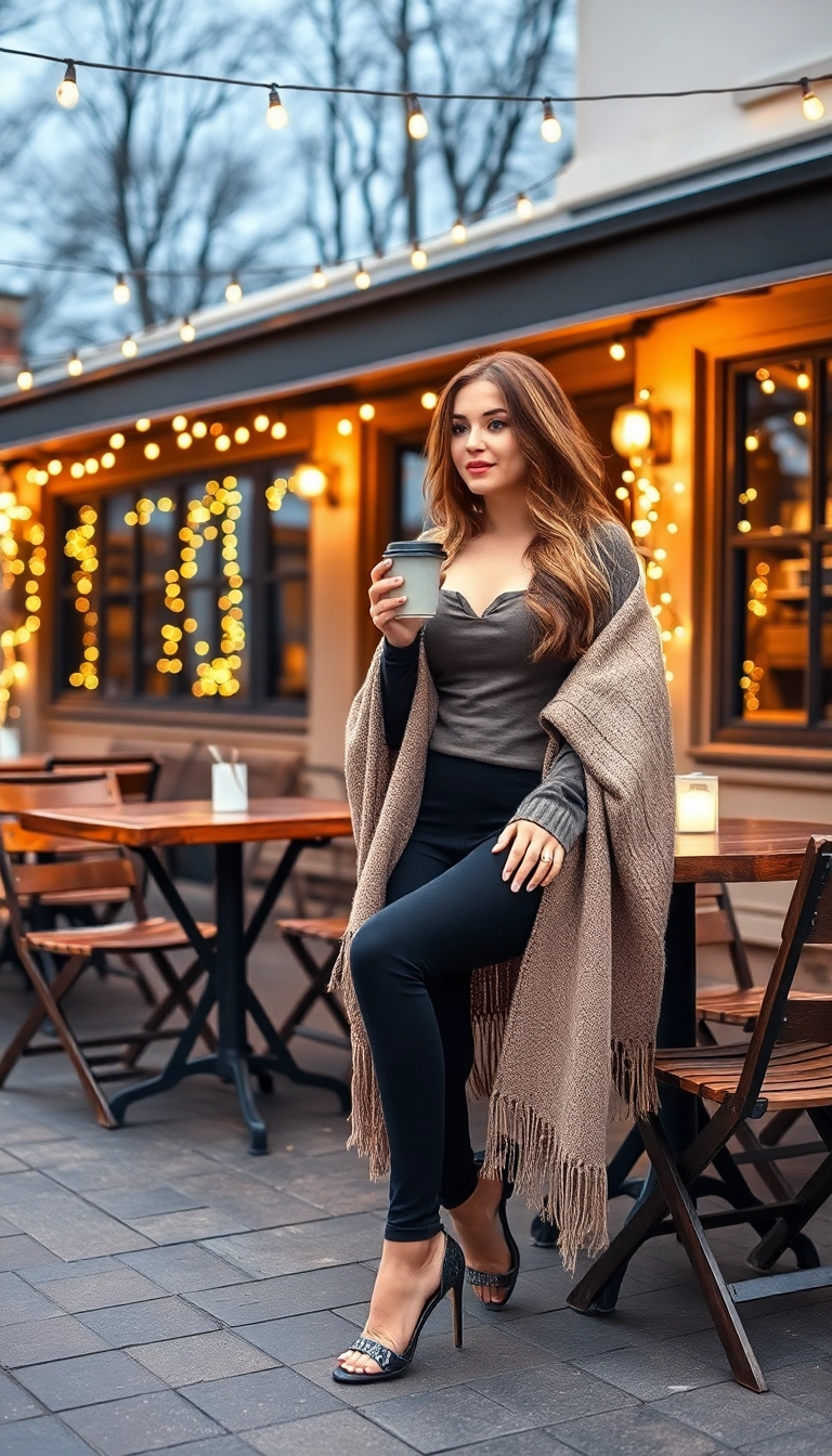 21 Casual Winter Leggings Outfits to Keep You Warm and Fabulous on Chill Days! - 15. Layered Look with a Shawl