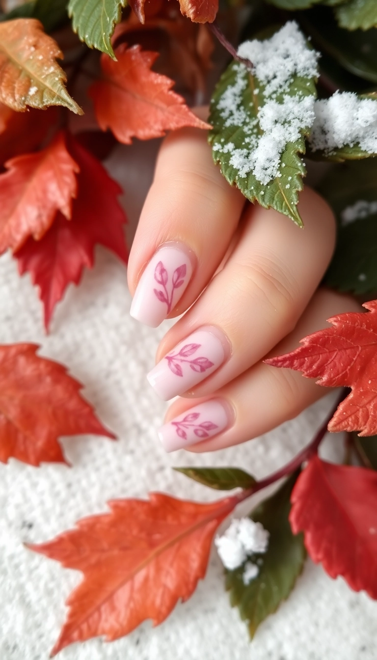 21 DIY Pink Winter Nails That Are So Easy, You'll Want to Try Them All (Don't Miss #8!) - 14. Pink Winter Leaves