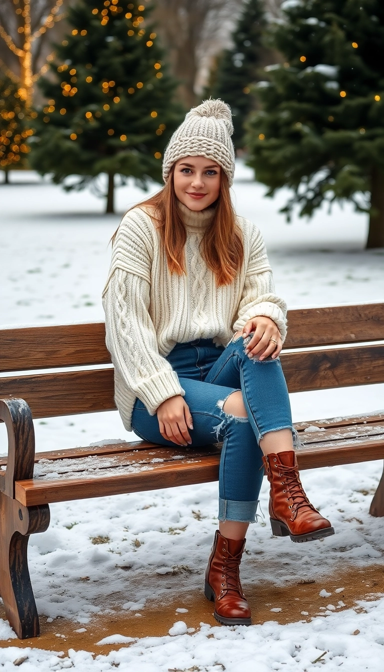 25 Trendy Holiday Outfits for Women That Are Perfect for Any Christmas Gathering (Don't Miss #17!) - 1. Cozy Cable Knit Sweater & Jeans