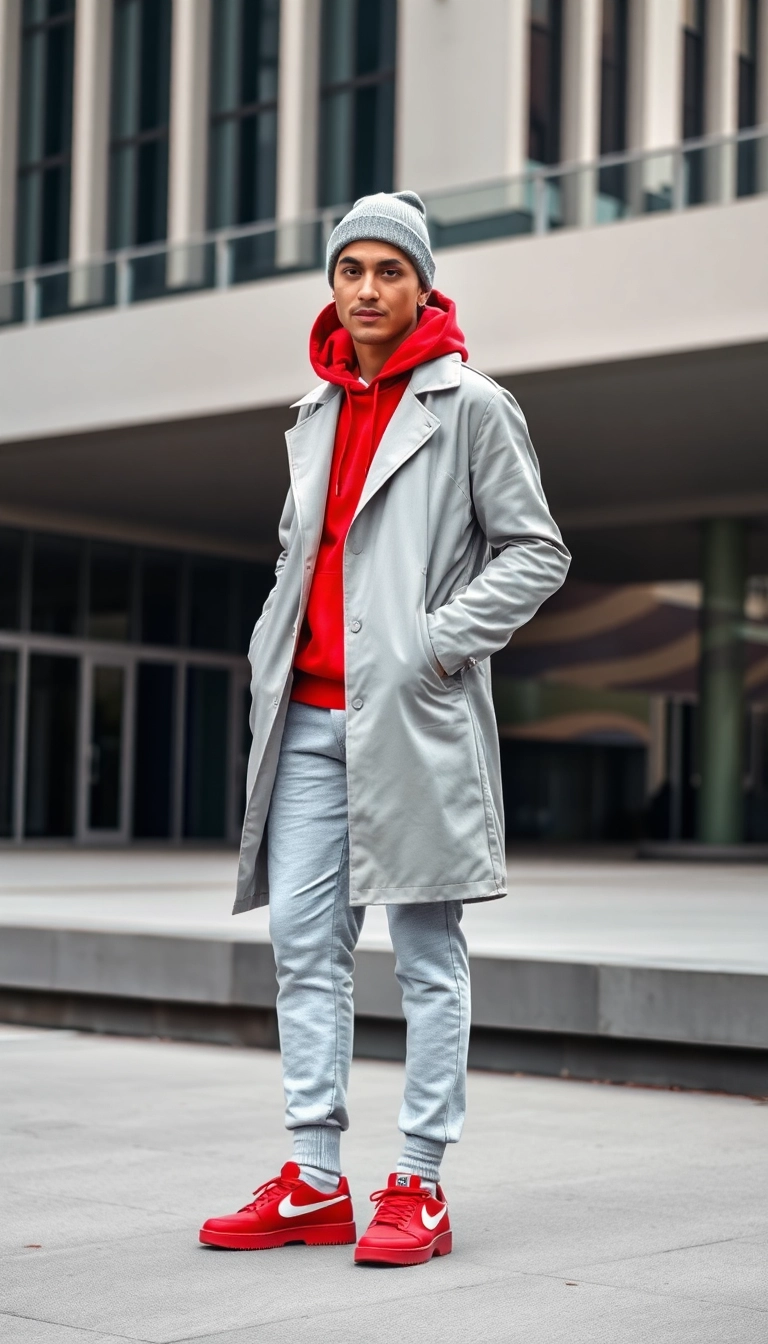 16 Bold Streetwear Color Combos That Will Make You Stand Out in a Crowd! (#3 Is a Jaw-Dropper!) - 6. Bright Red and Light Gray: A Classic Twist