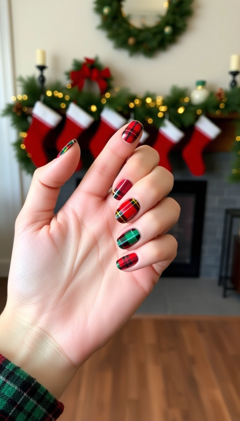 25 Stunning Christmas Dip Nail Ideas That'll Make You the Star of Every Holiday Party! - 3. Festive Plaid Patterns