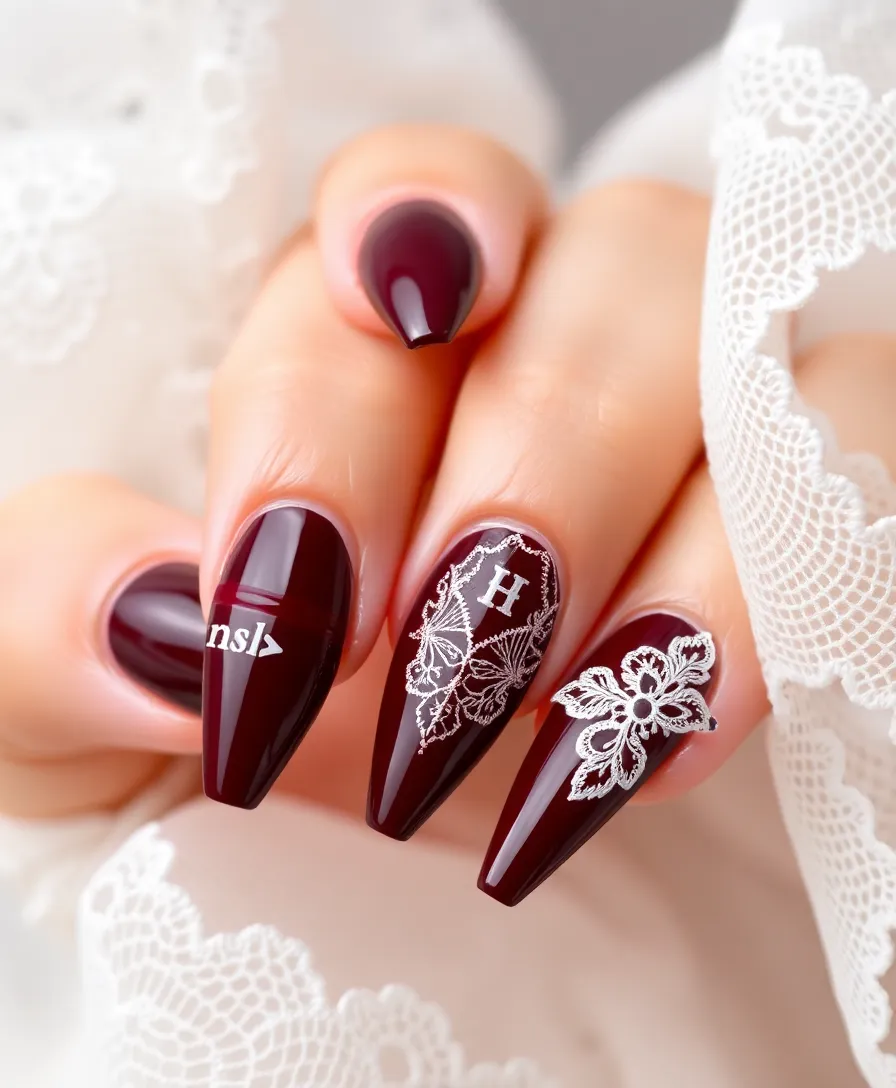 20 Trendy Valentine's Nails with Initials You Need to Try This Year! - 8. Deep Burgundy with Lace Detail