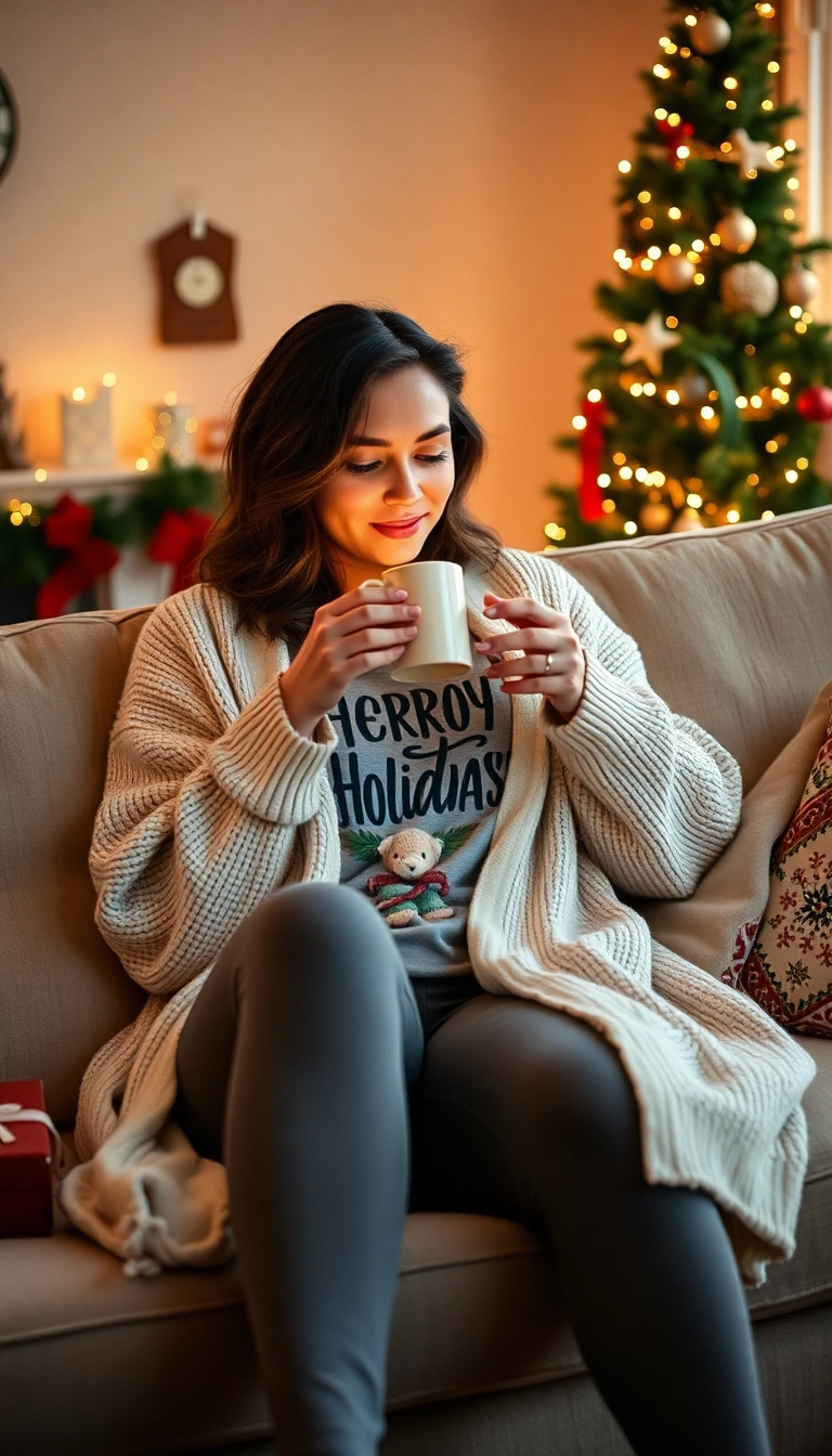 25 Trendy Holiday Outfits for Women That Are Perfect for Any Christmas Gathering (Don't Miss #17!) - 18. Comfy Cardigan & Graphic Tee