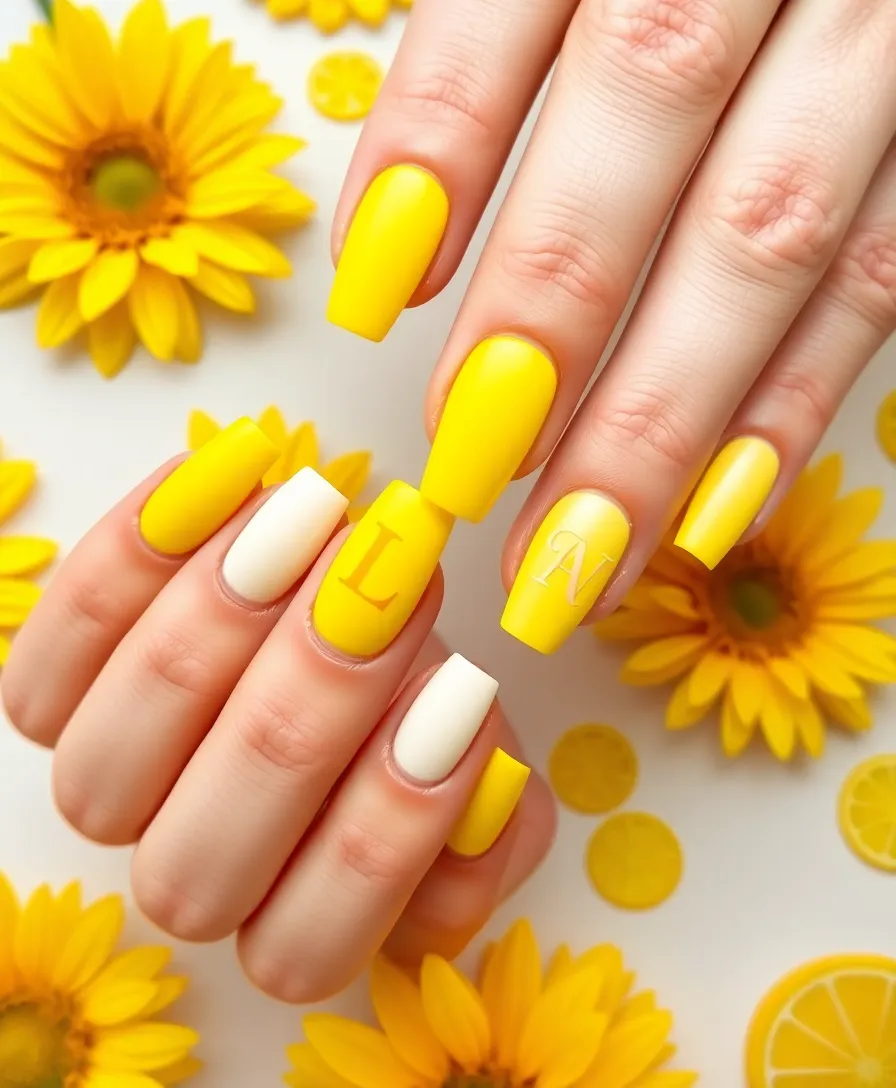 20 Trendy Valentine's Nails with Initials You Need to Try This Year! - 16. Bright Yellow with Initials