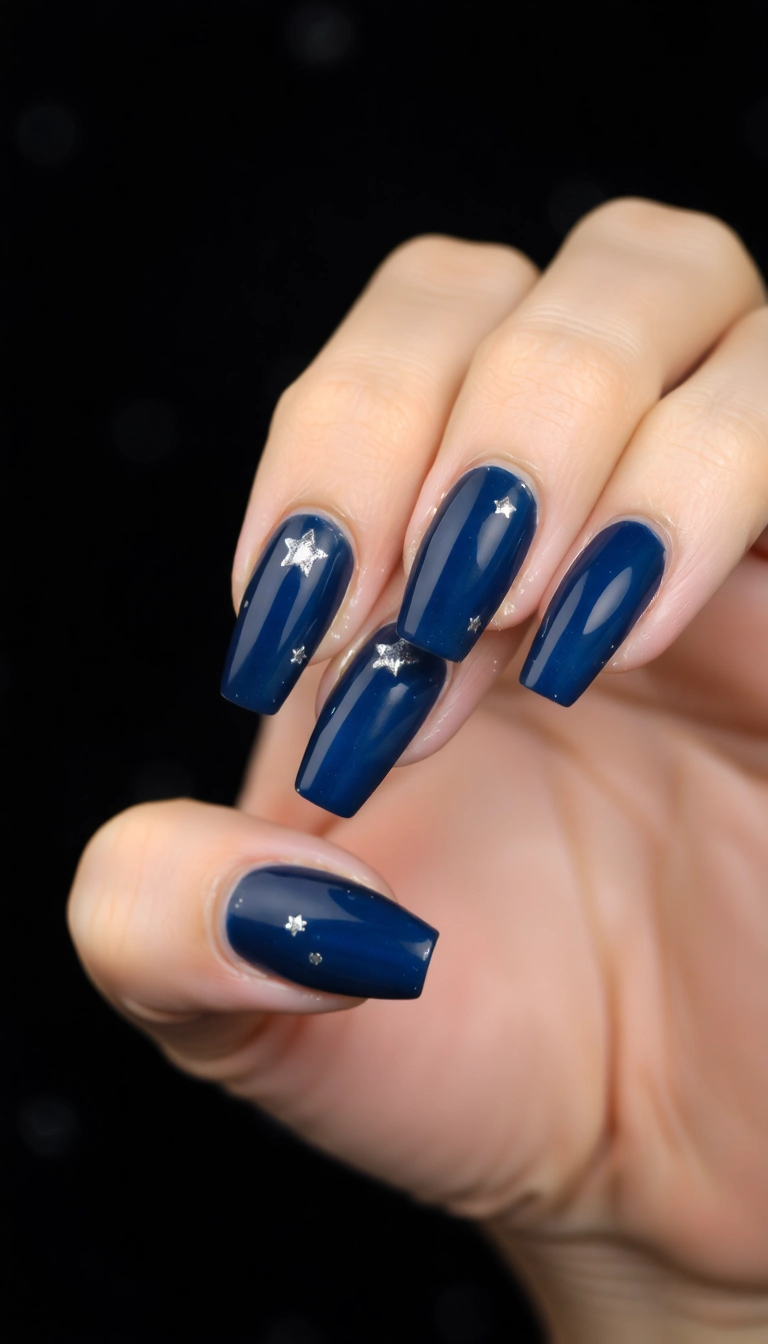 25 Stunning Christmas Dip Nail Ideas That'll Make You the Star of Every Holiday Party! - 5. Midnight Blue and Silver Stars