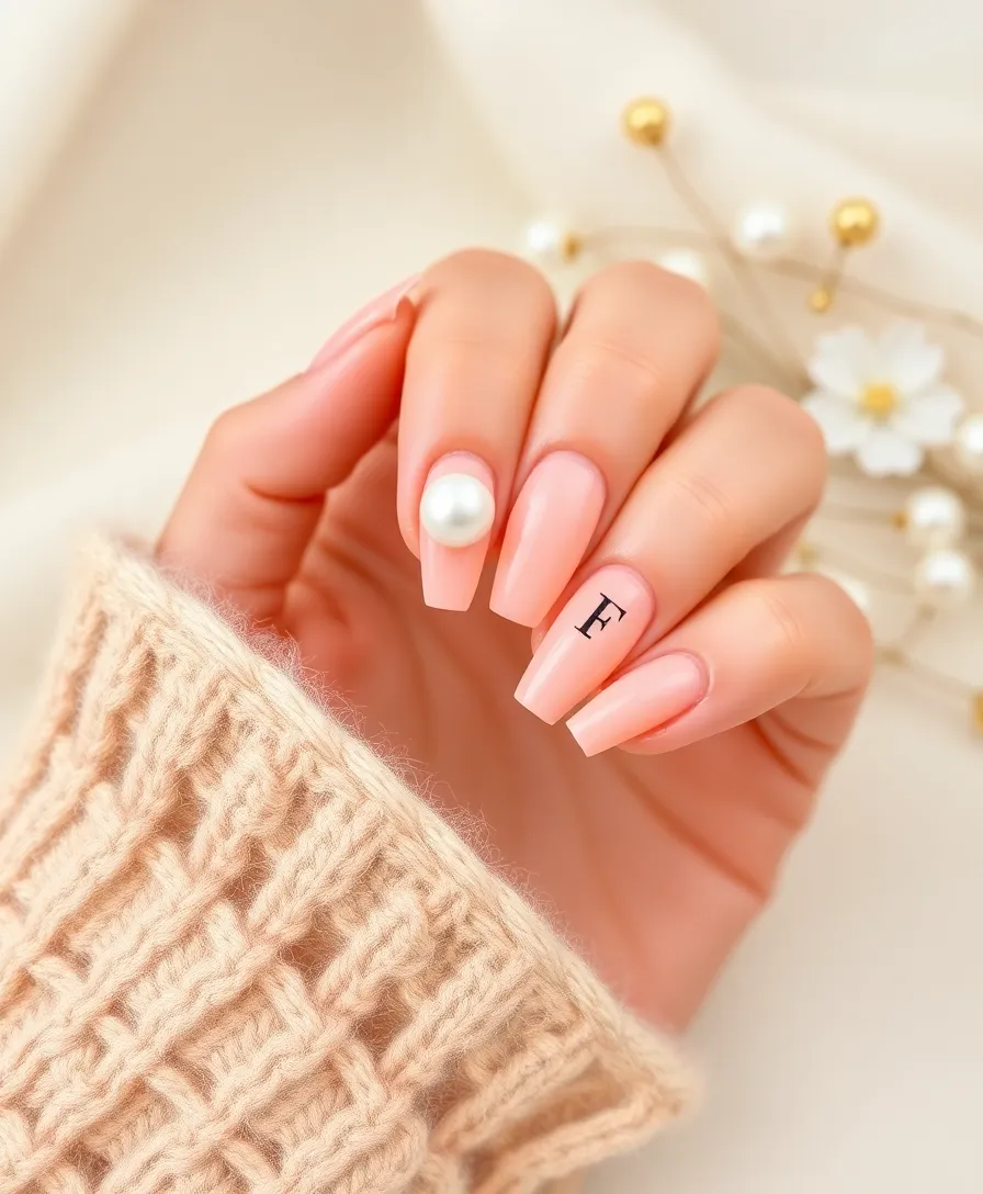 20 Trendy Valentine's Nails with Initials You Need to Try This Year! - 7. Soft Peach with Initials and Pearls