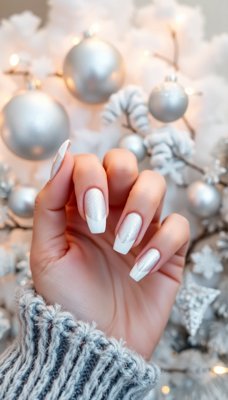 25 Stunning Christmas Dip Nail Ideas That'll Make You the Star of Every Holiday Party! - 16. Shimmering Silver and White