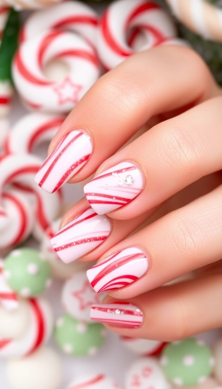 25 Stunning Christmas Dip Nail Ideas That'll Make You the Star of Every Holiday Party! - 4. Glittery Candy Cane Delight