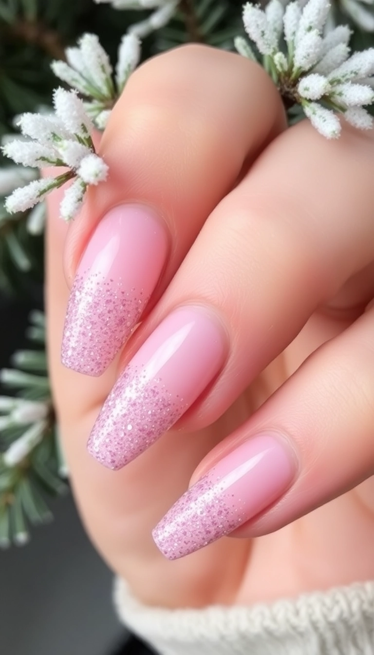 21 DIY Pink Winter Nails That Are So Easy, You'll Want to Try Them All (Don't Miss #8!) - 11. Frosty Glitter Fade