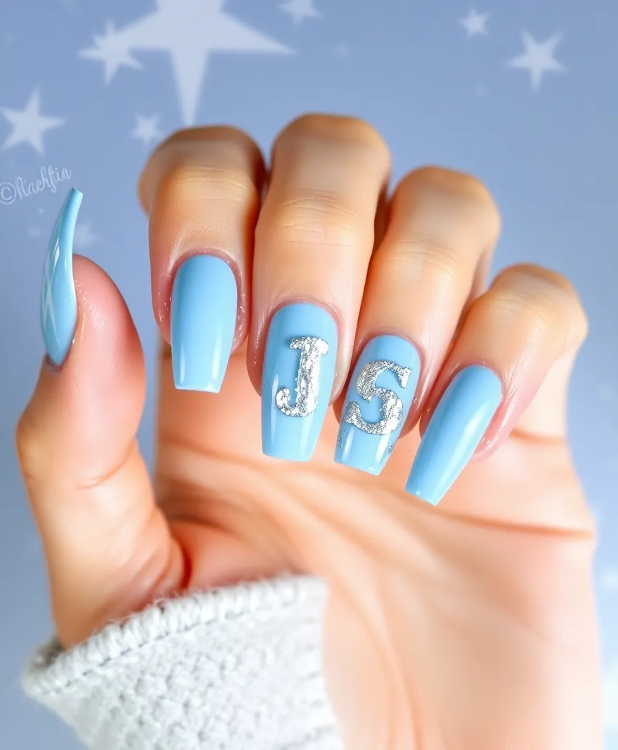 20 Trendy Valentine's Nails with Initials You Need to Try This Year! - 9. Baby Blue with Silver Foil Initials