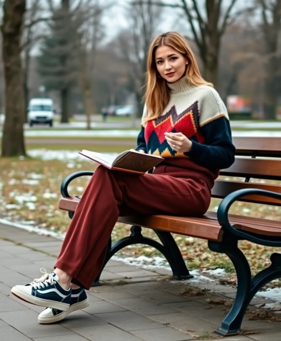 17 January Outfits for Women That'll Keep You Stylish and Cozy (You Won't Believe #9!) - 10. Graphic Sweater with High-Waisted Corduroy Pants