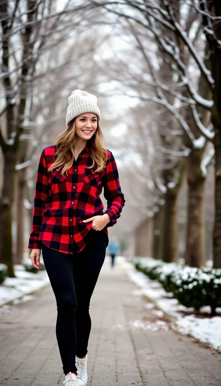 12 Casual Christmas Outfits That Are Both Comfortable and Adorably Stylish! - 2. Festive Plaid Shirt and Leggings