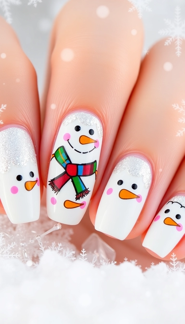 25 Stunning Christmas Dip Nail Ideas That'll Make You the Star of Every Holiday Party! - 12. Festive Snowman Faces