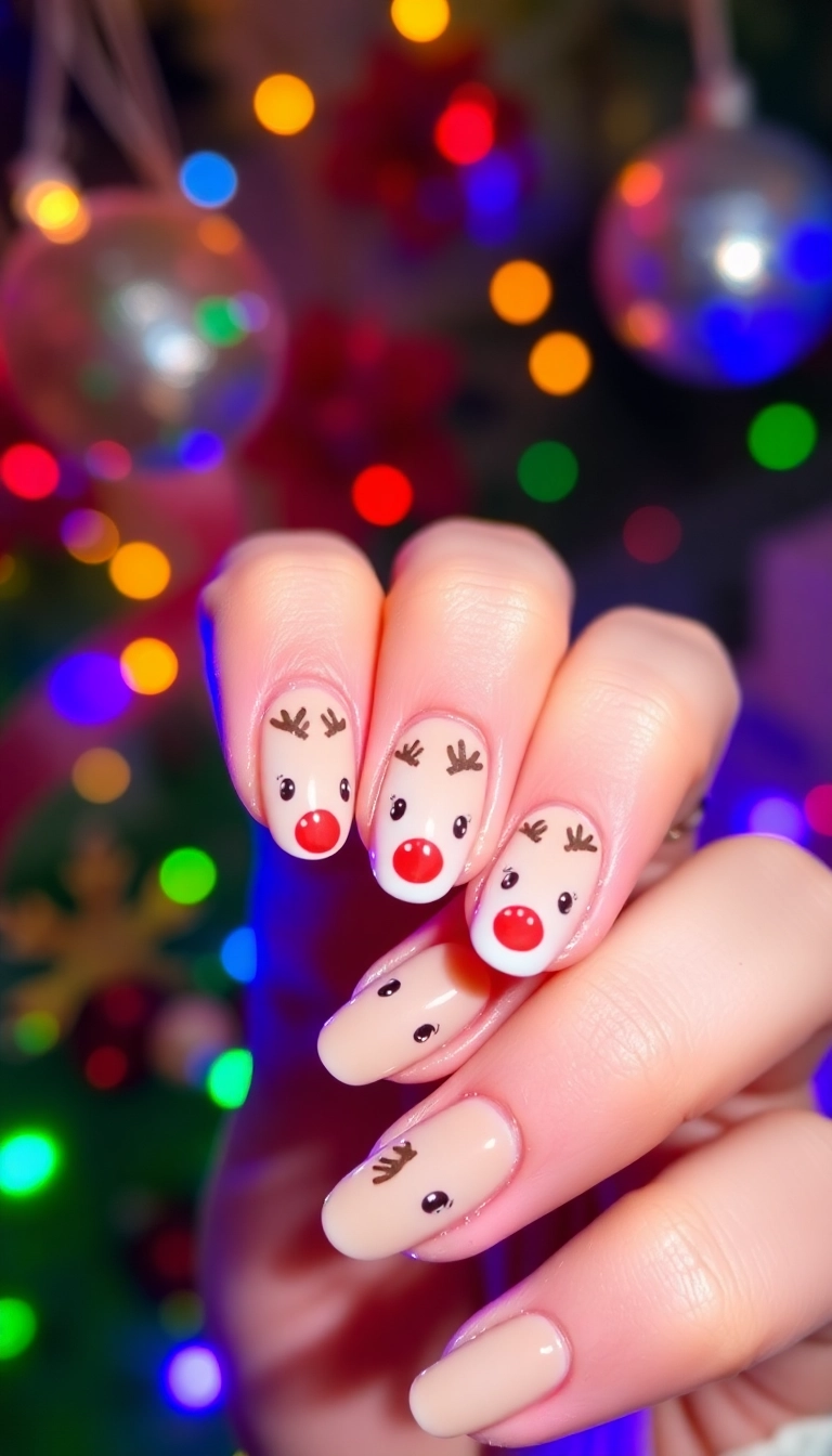 25 Stunning Christmas Dip Nail Ideas That'll Make You the Star of Every Holiday Party! - 10. Cute Reindeer Faces