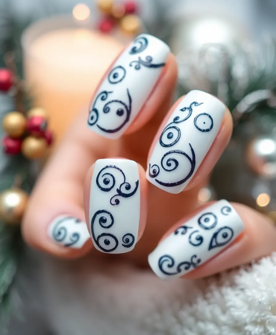 14 Elegant White Holiday Nails That Will Elevate Your Holiday Style Instantly! - 8. White and Navy Blue Swirls