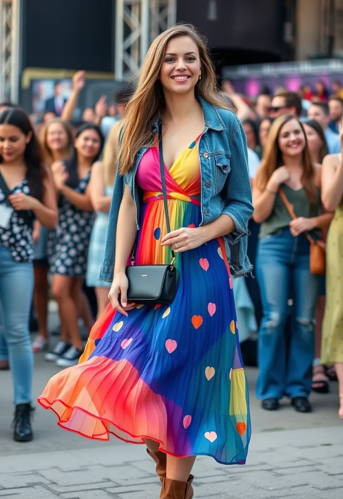 15 Effortlessly Cool Concert Outfits for a Night of Music and Fun! - 2. Flowy Midi Dress & Denim Jacket