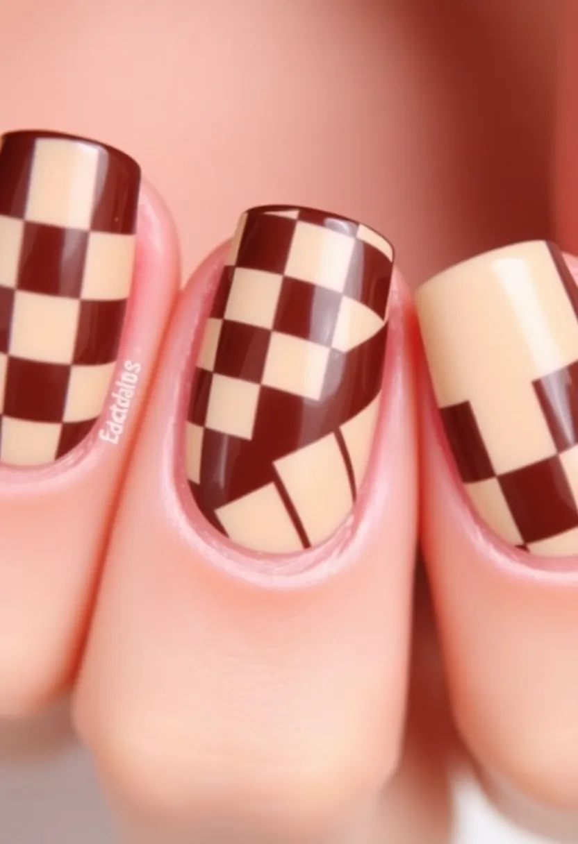 20 Stunning Brown Nails Designs That Will Make You Rethink Your Manicure! - 20. Brown and Cream Checkerboard