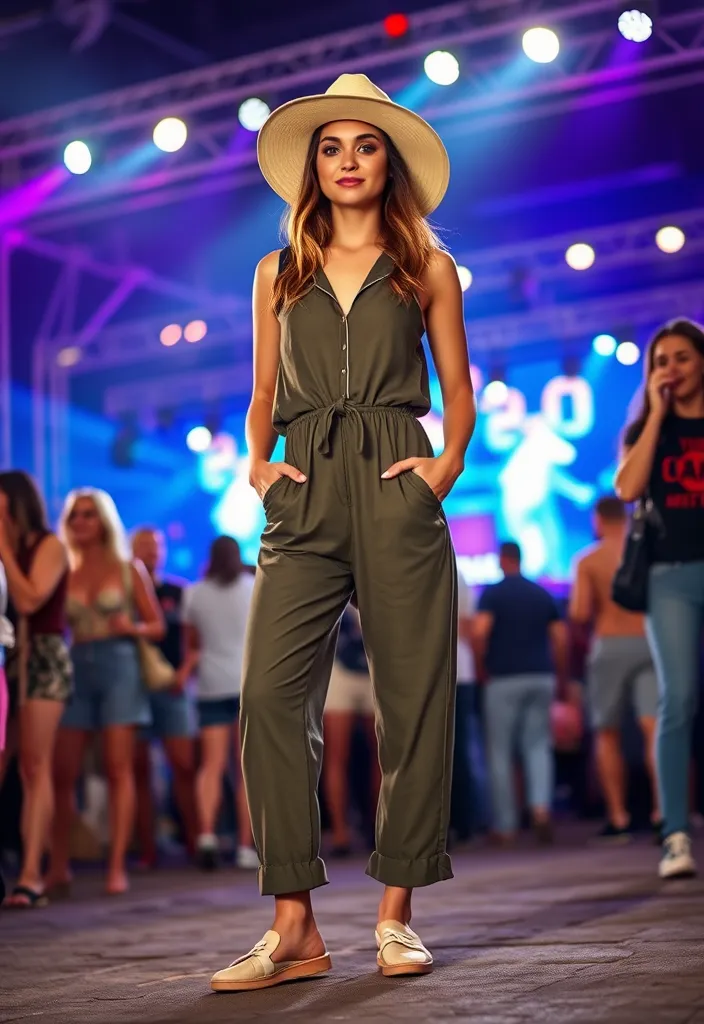 15 Effortlessly Cool Concert Outfits for a Night of Music and Fun! - 8. Jumpsuit & Slip-On Shoes