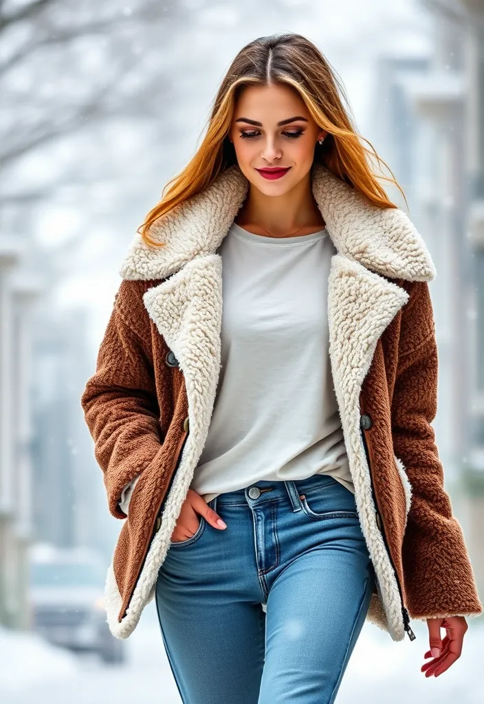 15 Cute Casual Winter Looks That Will Keep You Warm and Stylish All Season! - 9. Fuzzy Sherpa Jacket with Basic Tee