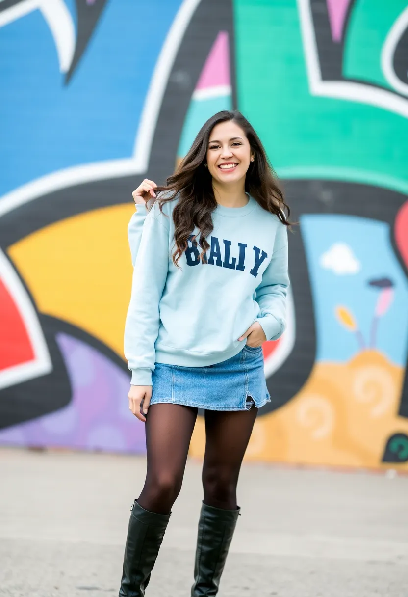 15 Cozy Winter Casual Outfits That'll Make You Want to Stay in Bed All Day! - 9. Graphic Sweatshirt & Denim Skirt