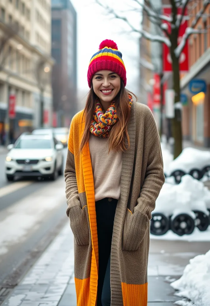 15 Cute Casual Winter Looks That Will Keep You Warm and Stylish All Season! - 10. Colorful Beanie with Long Cardigan and Leggings